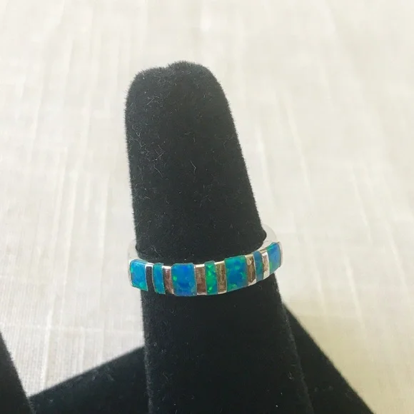 Blue lab Opals Silver 925 Band Ring Lovely  7 3/4 - Picture 4 of 6